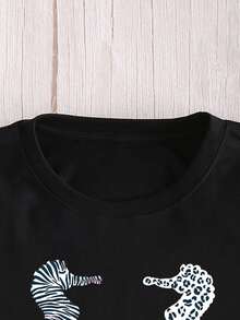 Sea Horse Print Short Sleeve Tee - Black - View 5