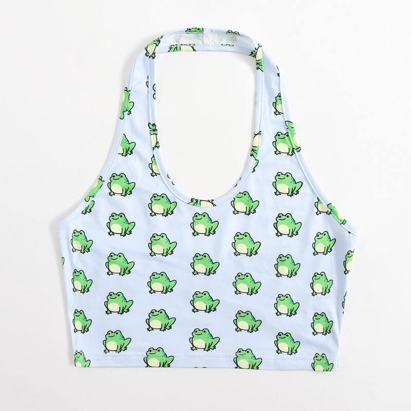 

Cartoon Frog Print Halter Crop Top, Multicolor