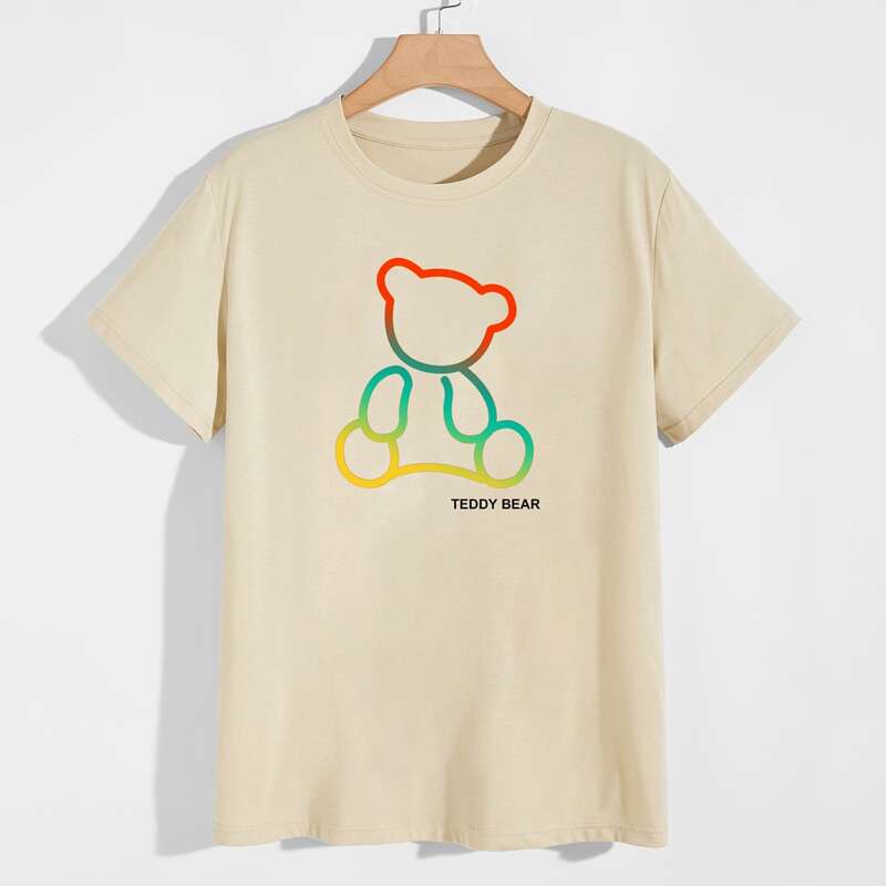 

Guys Letter Cartoon Bear Graphic Tee, Beige