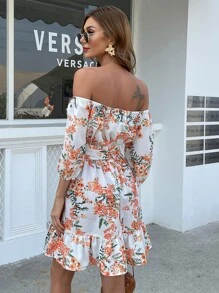 Missord 花卉荷葉邊下擺露肩夏裝裙 - 彩色 - 查看 2