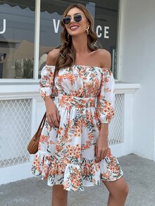 Missord 花卉荷葉邊下擺露肩夏裝裙 - 彩色 - 查看 7