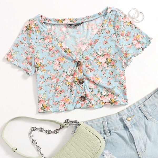 

Allover Floral Print Button Front Tee, Multicolor
