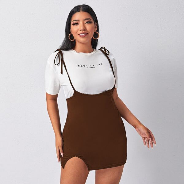 

Plus Tie Shoulder Overall Dress Without Tee, Coffee brown