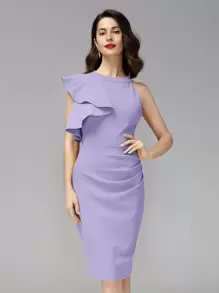 MIUSOL vestido ajustado unicolor ribete con fruncido exagerado - Lila Púrpura - Ver 1