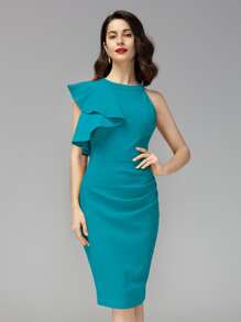 MIUSOL vestido ajustado unicolor ribete con fruncido exagerado - Agua verde azul - Ver 1