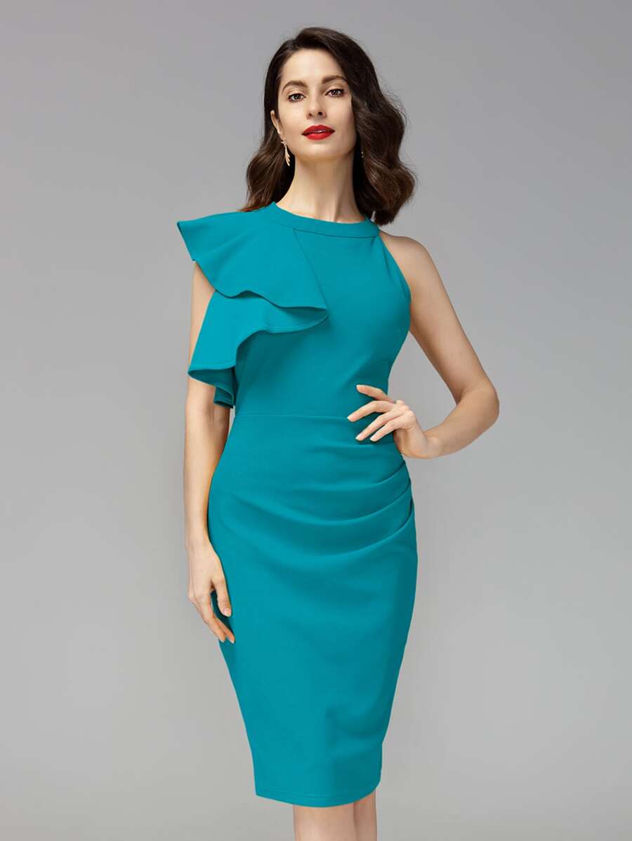 MIUSOL vestido ajustado unicolor ribete con fruncido exagerado - Agua verde azul - Ver 1