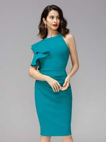 MIUSOL vestido ajustado unicolor ribete con fruncido exagerado - Agua verde azul - Ver 3