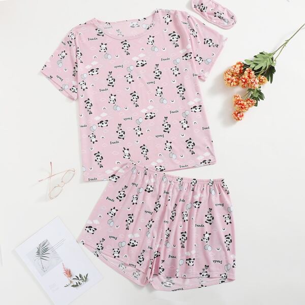 

Plus 3pcs Cartoon Panda & Letter Graphic Pajama Set, Baby pink