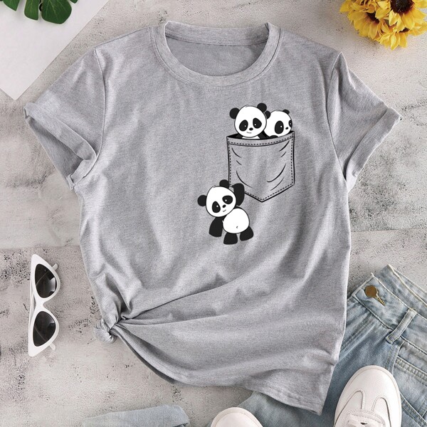 

Cartoon Panda Print Tee, Light grey