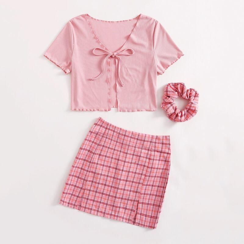 

Solid Tie Front Ribbed Top & Plaid Split Skirt & Scrunchie, Multicolor