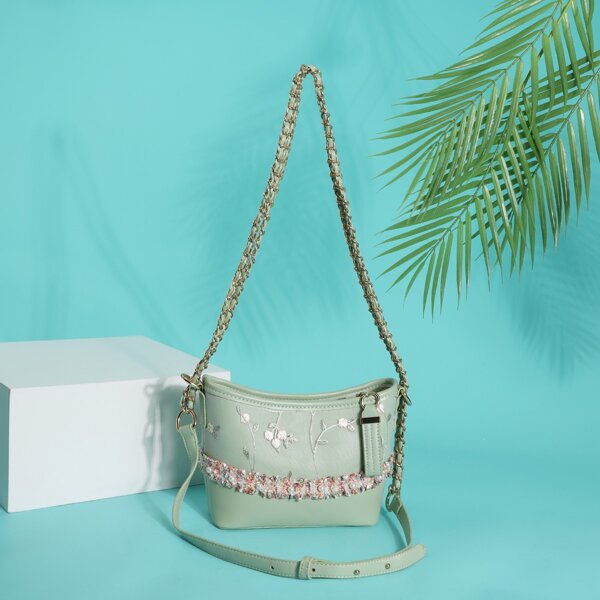 

Floral Embroidery Bucket Bag, Green