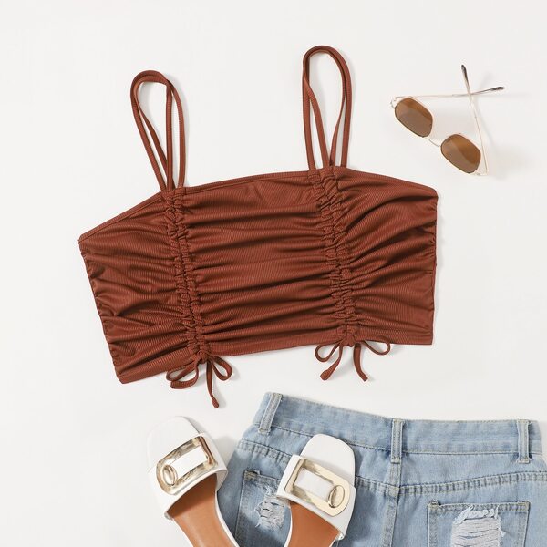 

Plus Drawstring Front Crop Cami Top, Redwood