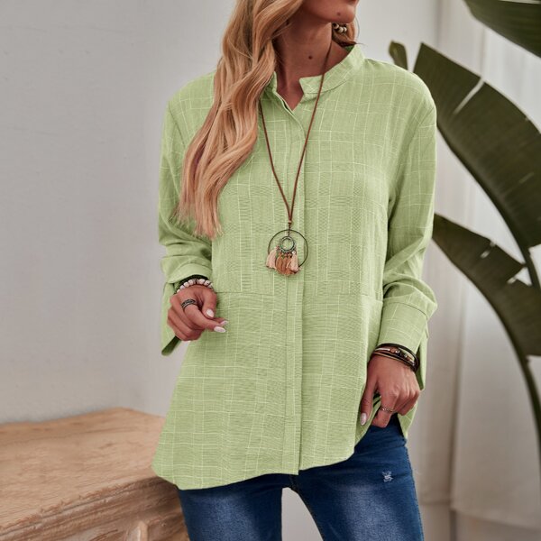 

Plaid Asymmetrical Hem Blouse, Mint green