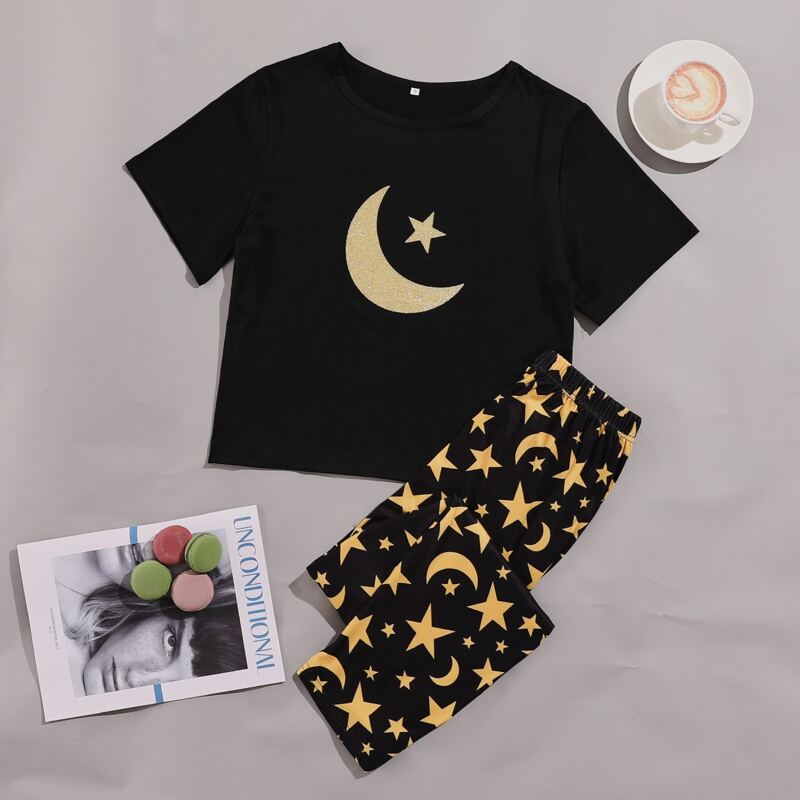 

Galaxy Print Short Sleeve Pajama Set, Black
