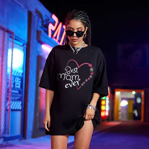 

Slogan And Heart Print Tee, Black