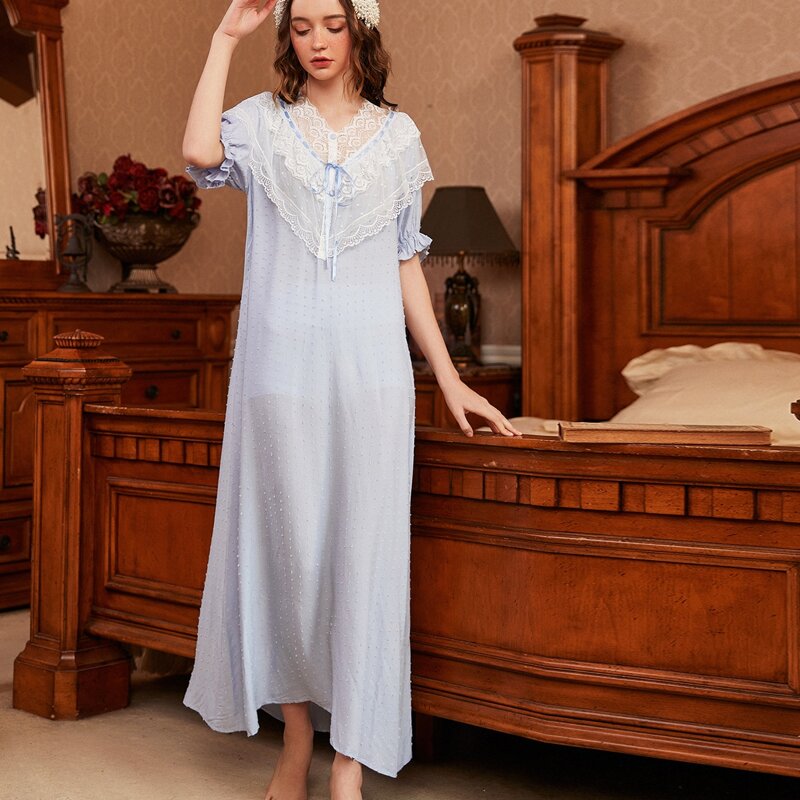 

Swiss Dot Contrast Mesh Night Dress, Dusty blue