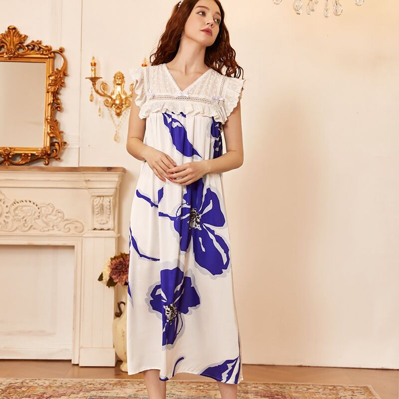 

Satin Floral Print Ruffle Night Dress, Blue and white