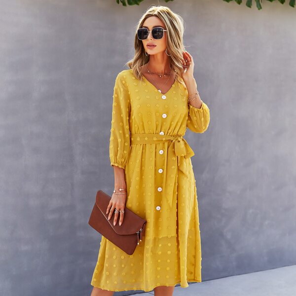 

V-neck Swiss Dot Self Tie Chiffon Dress, Yellow