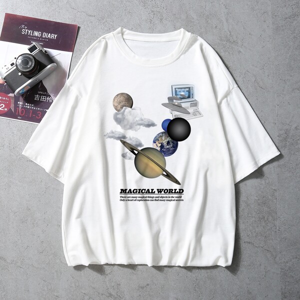 

Men Planet And UFO Print Tee, White