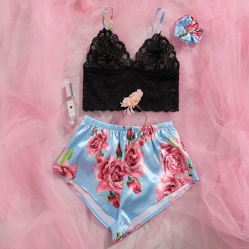 

Lace Cami Top & Satin Floral Shorts Night Set & Hair Ring, Multicolor