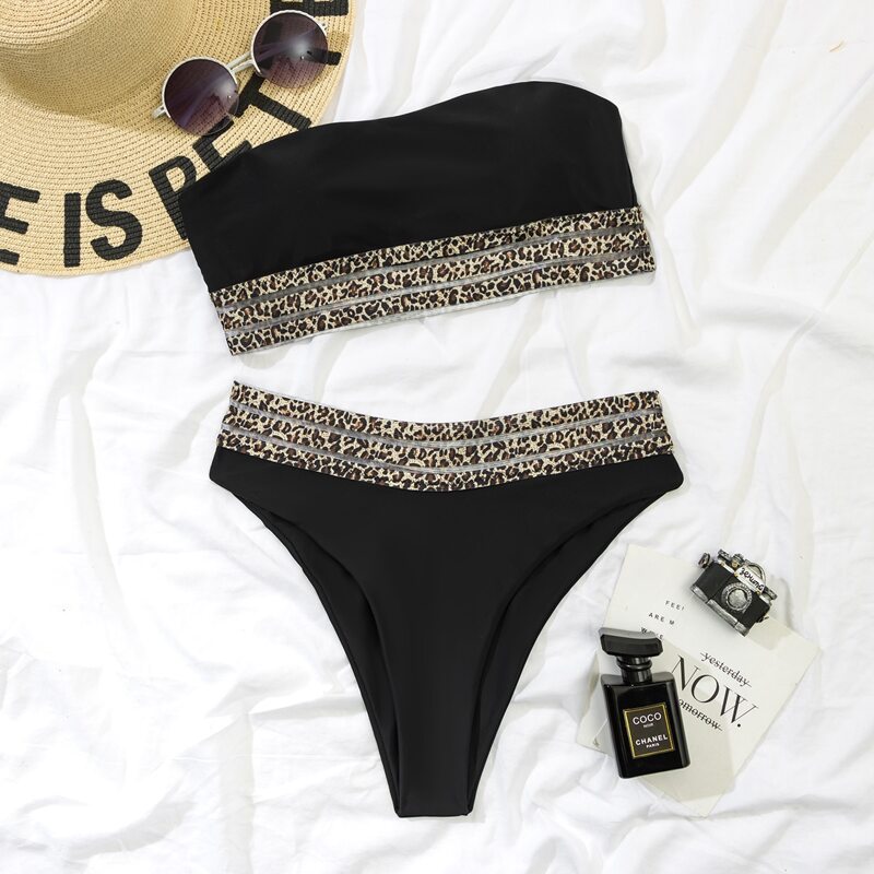 

Mesh Insert Bandeau Bikini Swimsuit, Black