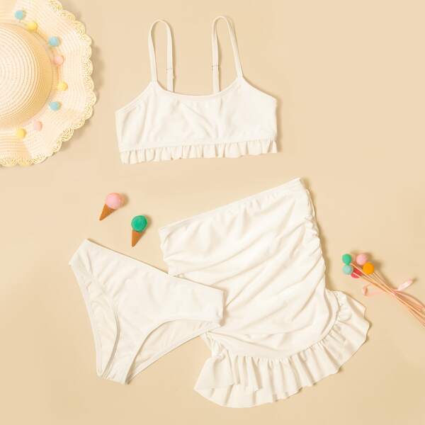 

3pack Girls Ruffle Trim Bikini Swimsuit & Ruched Skirt, White