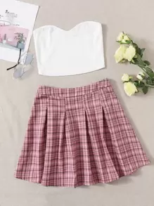 SHEIN EZwear 素色短版抹胸上衣和格紋百褶半身裙套裝 - 彩色 - 查看 1
