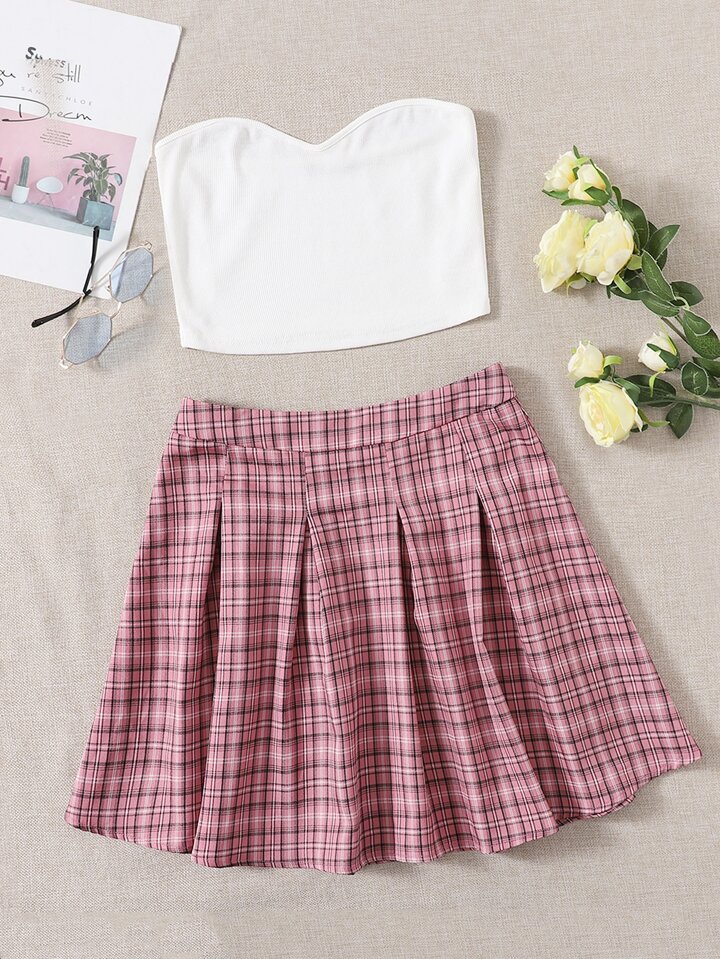 Shein Pink Plaid Skirt SHEIN EZwear Solid Crop Tube Top Plaid