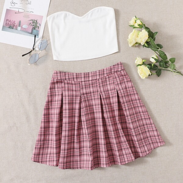 

Solid Crop Tube Top & Plaid Pleated Skirt Set, Multicolor