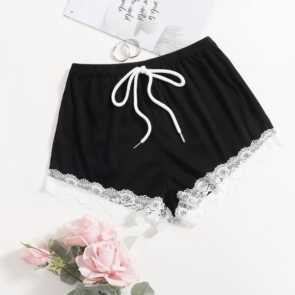 

Knot Waist Lace Hem Shorts, Black