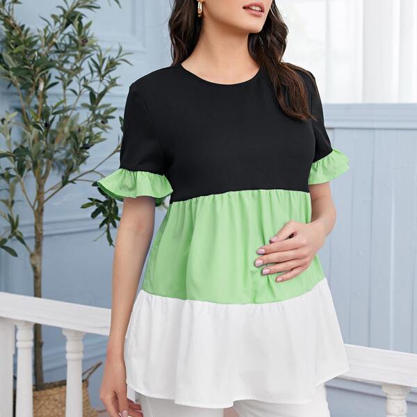 

Maternity Colorblock Flounce Sleeve Top, Multicolor
