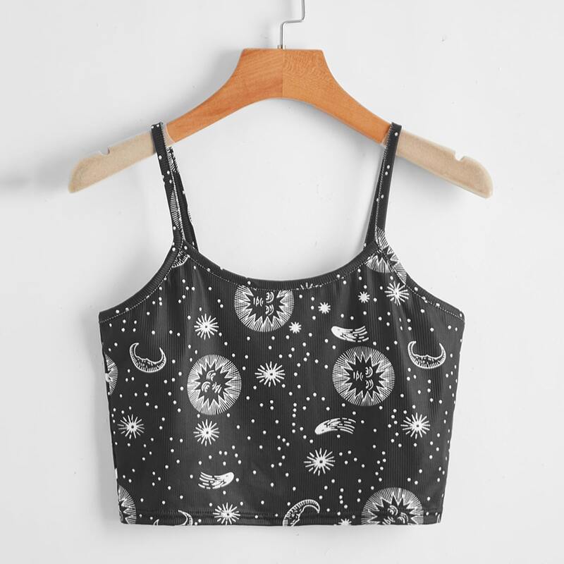 

Sun & Moon Graphic Crop Cami, Black and white
