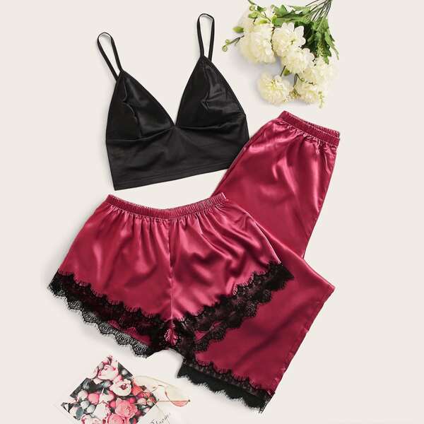 

Plus 3pcs Lace Trimed Satin Pajama Set, Multicolor