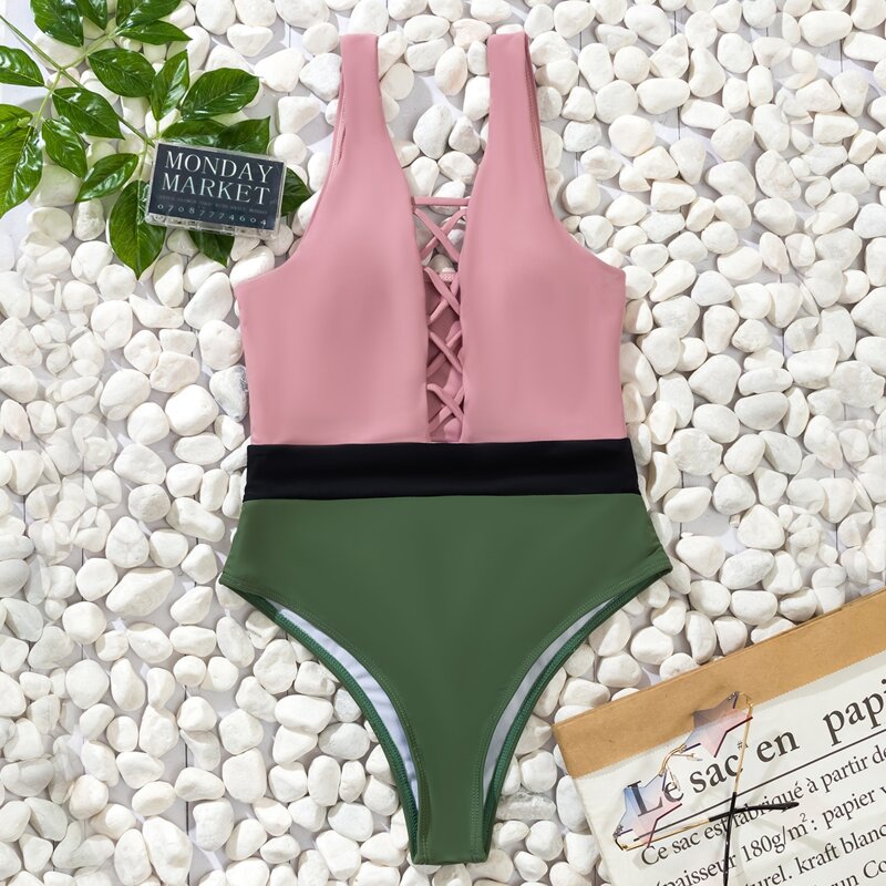 

Colorblock Criss Cross One Piece Swimsuit, Multicolor