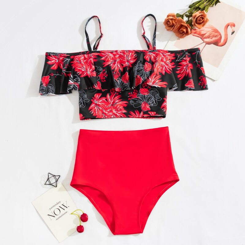 

Floral Pattern Flounce Bikini Swimsuit, Multicolor