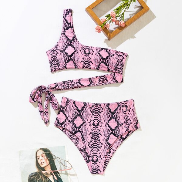 

Snakeskin Print One Shoulder Bikini Swimsuit, Pink