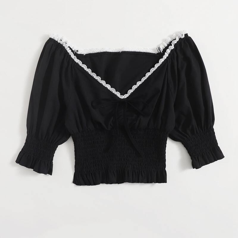 

Contrast Lace Shirred Crop Top, Black