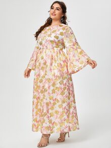 Al Najma Plus Allover Floral Jacquard Pattern Bell Sleeve Dress - Multicolor - View 2