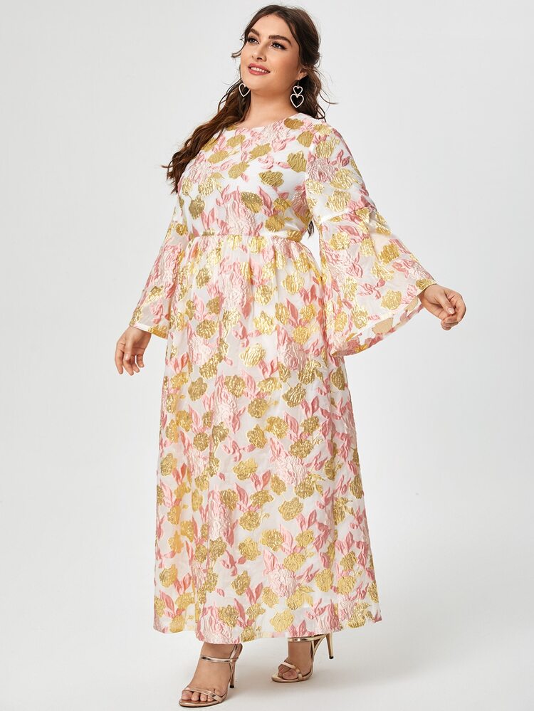 Al Najma Plus Allover Floral Jacquard Pattern Bell Sleeve Dress - Multicolor - View 2