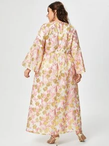 Al Najma Plus Allover Floral Jacquard Pattern Bell Sleeve Dress - Multicolor - View 3