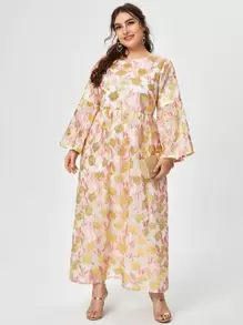 Al Najma Plus Allover Floral Jacquard Pattern Bell Sleeve Dress - Multicolor - View 1