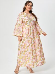 Al Najma Plus Allover Floral Jacquard Pattern Bell Sleeve Dress - Multicolor - View 4