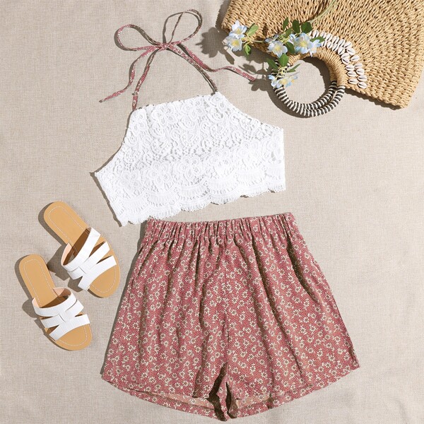 

Tie Back Lace Halter Top & Ditsy Floral Shorts, Multicolor