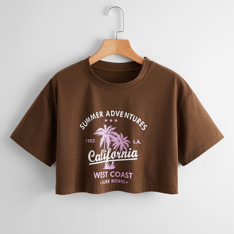 

Letter Tropical Graphic Crop Tee, Chocolate brown