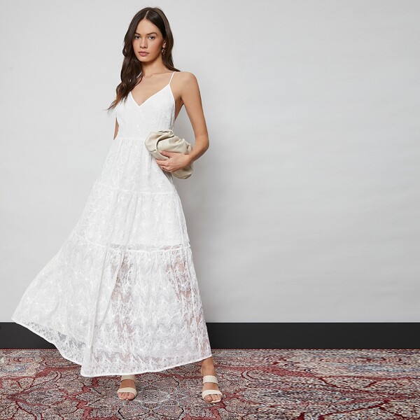 

Crisscross Backless Embroidery Mesh Cami Dress, White
