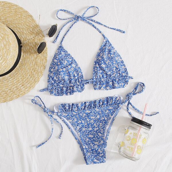 

Ditsy Floral Frill Triangle Bikini Swimsuit, Blue