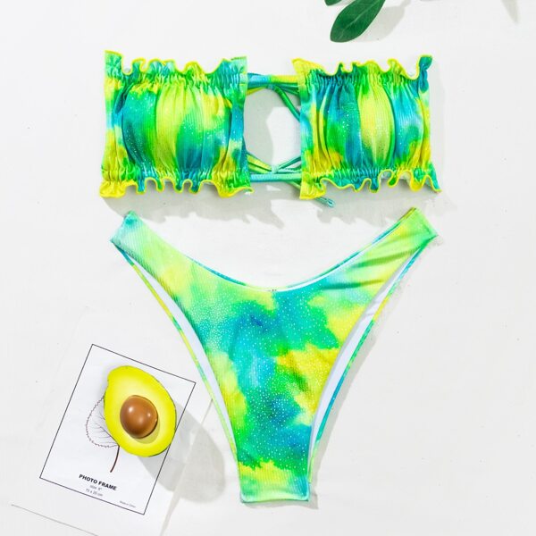 

Tie Dye Ruched Frill Bandeau Bikini Swimsuit, Green