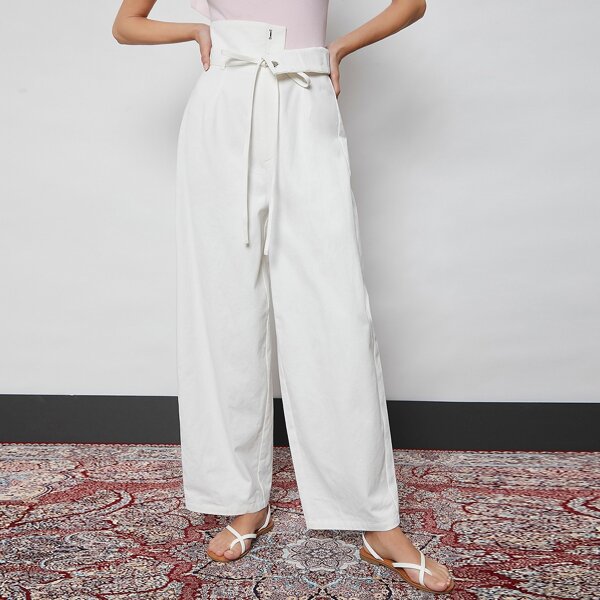 

High Waist Self Belted Pants, White