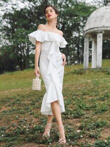 SHEIN X Dr.kholoud Ruffle Off Shoulder Draped Detail Mermaid Hem Dress - White - View 1