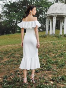 SHEIN X Dr.kholoud Ruffle Off Shoulder Draped Detail Mermaid Hem Dress - White - View 2